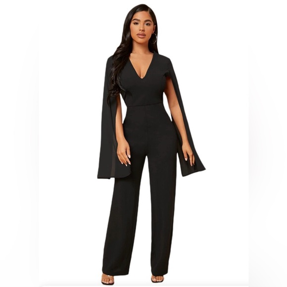 Wdirara Pants - New Dressy Black High Waist Jumpsuit Deep V-Neck Split Long Sheer Sleeves 3X